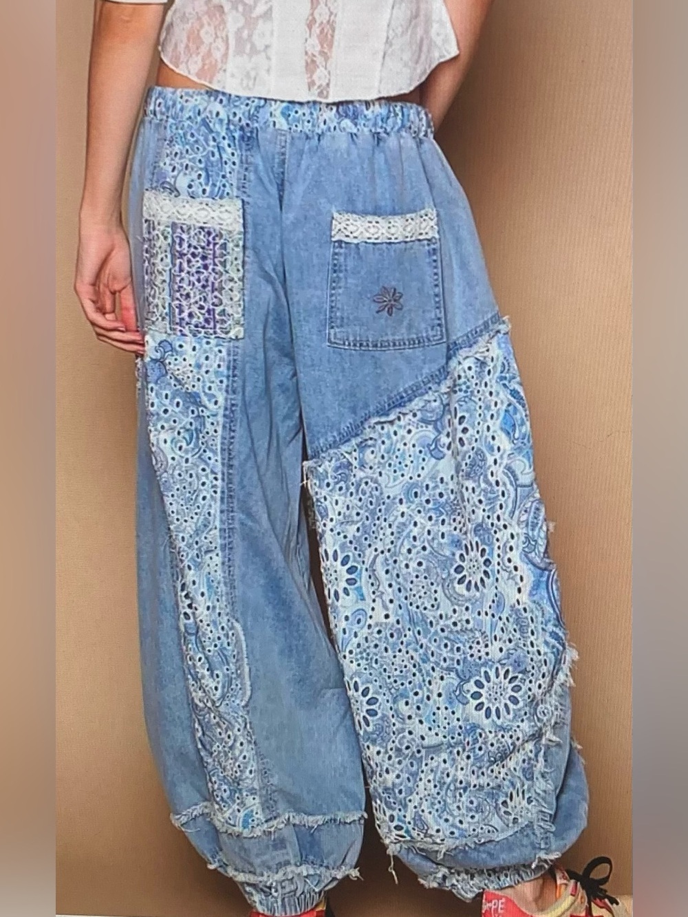POL Patchwork Lace Blue Wide-Leg Jogger Pants - Picture 2 of 4
